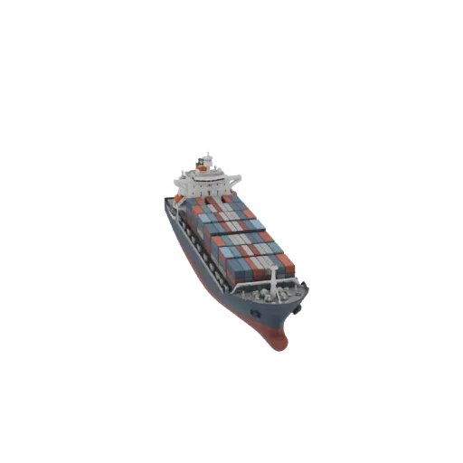 3D модель большого контейнеровоза с гружеными контейнерами на палубе, вид под небольшим углом.