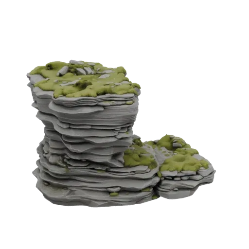 Печатаемая 3D модель скального выступа с мхом, изометрический рендер STL для настольных игр, показывающий слоистый камень, по