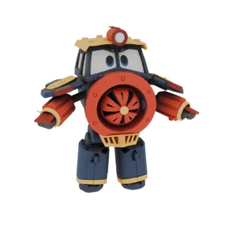 3D model of a blue and red Robo-Train character with a friendly face and mechanical arms and legs, set against a white backgr