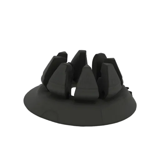 3D рендер черной абстрактной геометрической подставки для цветов с расходящимися лепестковыми структурами на белом фоне.