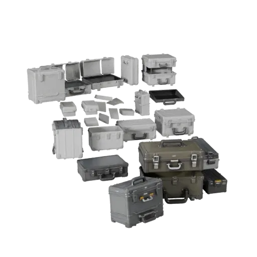 3D модель Герметичный оружейный ящик, вид три четверти спереди, вьюпорт Unity, показывающий пластик, рабочие отверстия.