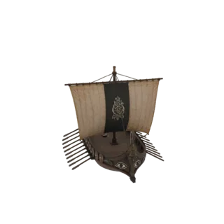 3D модель древнегреческой триремы с большим парусом, веслами и заметными эмблемами глаз на носу на белом фоне.