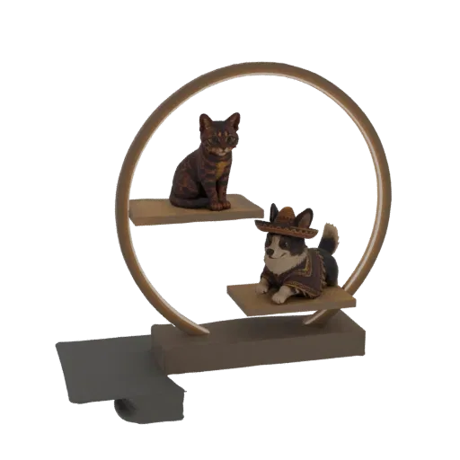 3D модель полосатого кота и корги в праздничной одежде на круглой полке с подсветкой.