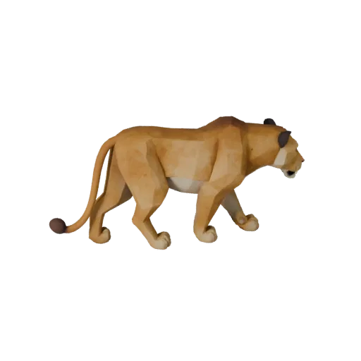 3D модель львицы Low Poly, вид сбоку в игровой камере, низкополигональная модель животного с подушечками усов, скольжением пл