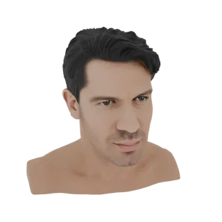 3D рендер реалистичного бюста мужской головы с темными волосами и детализированными чертами лица, на белом фоне.