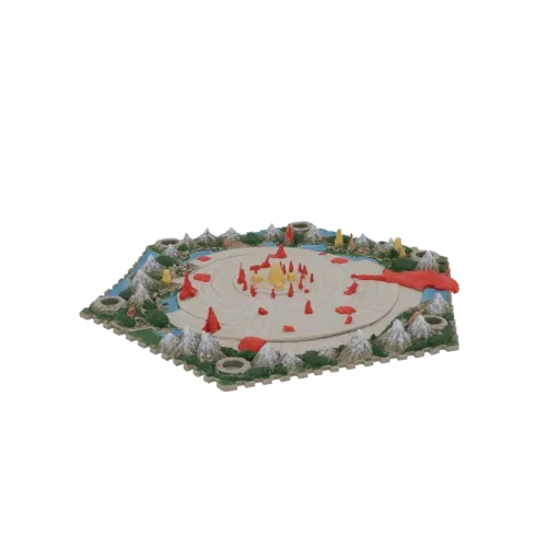 3D модель фэнтезийного ландшафта: горы, реки, арена с красными и желтыми фишками.