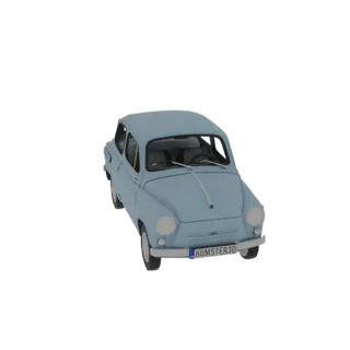 3D рендер голубого компактного седана 1960-х, вид с немного приподнятого передне-правого угла, на белом фоне.