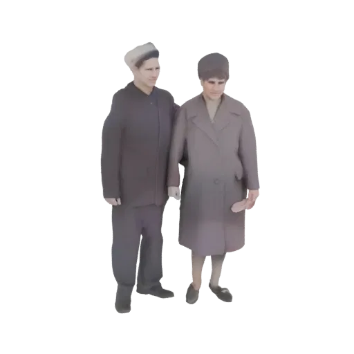 3D модель мужчины и женщины в винтажных зимних пальто, стоящих вместе.