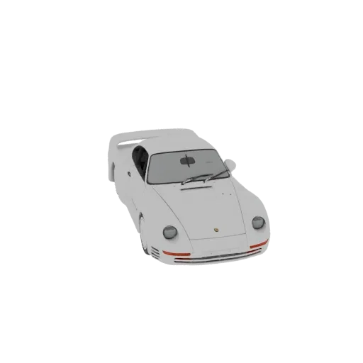 3D-рендер белого спортивного автомобиля Porsche 959, вид с немного приподнятого передне-левого угла на черном фоне.