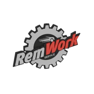 3D-рендер логотипа ReinWork Service: шестерня с силуэтом автомобиля и жирный красно-серый текст.
