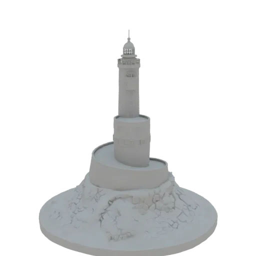 3D модель белого маяка со спиральным основанием, стоящего на текстурированном скалистом острове на белом фоне.