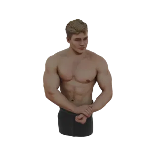 3D модель мускулистого мужчины со светлыми волосами, напрягающего руки и демонстрирующего свое телосложение, на белом фоне.