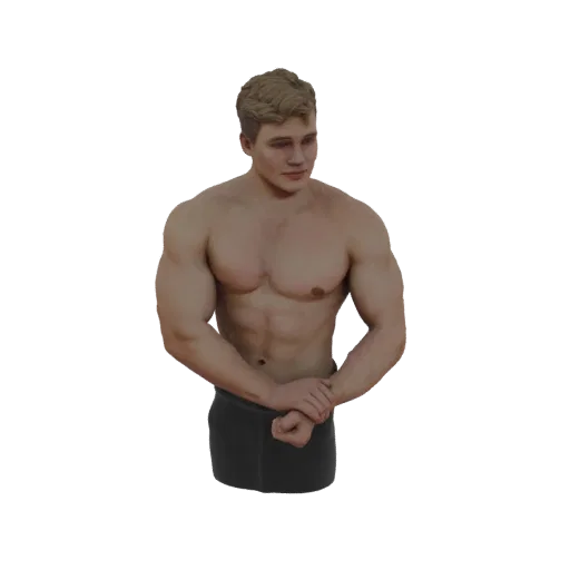 3D модель мускулистого мужчины со светлыми волосами, напрягающего руки и демонстрирующего свое телосложение, на белом фоне.