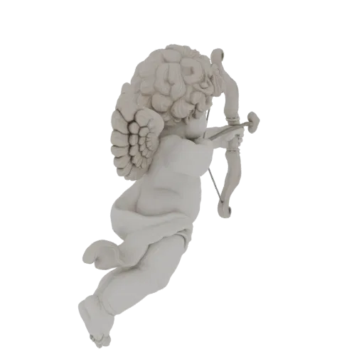 3D модель Купидона, римского бога любви, с кудрявыми волосами, крыльями и натянутым луком и стрелой, готовый к выстрелу.