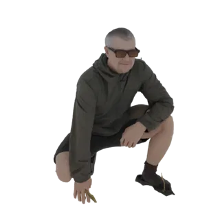 3D модель мужчины в приседе, в темной толстовке, черных шортах и солнцезащитных очках, с одной рукой, тянущейся к земле.