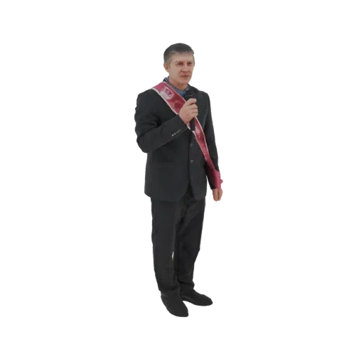 3D модель мужчины в темном костюме с красно-белой лентой, держащего микрофон и говорящего.