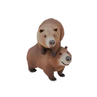 3D модель мультяшного бурого медведя, стоящего на задних лапах, с улыбающейся капибарой на спине, оба смотрят вперед.