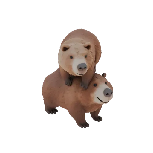 3D модель мультяшного бурого медведя, стоящего на задних лапах, с улыбающейся капибарой на спине, оба смотрят вперед.