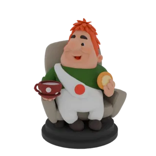 3D модель веселого полного мужчины с рыжими волосами, сидящего в кресле, держащего чашку чая и печенье.