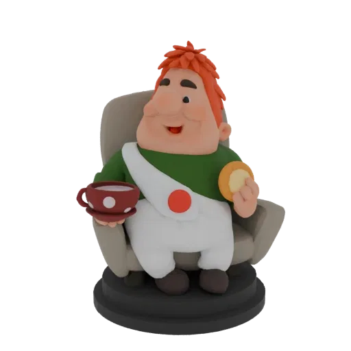 3D модель веселого полного мужчины с рыжими волосами, сидящего в кресле, держащего чашку чая и печенье.