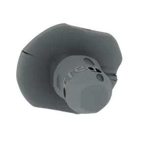 A 3D render of a futuristic gray earbud with a silver band and 'Free' logo, presented on a white background.