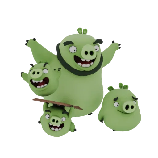 3D-модель Короля Свиней из Angry Birds с тремя меньшими зелеными миньонами на белом фоне.