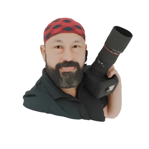 3D модель фотографа в бандане с профессиональной камерой на плече.