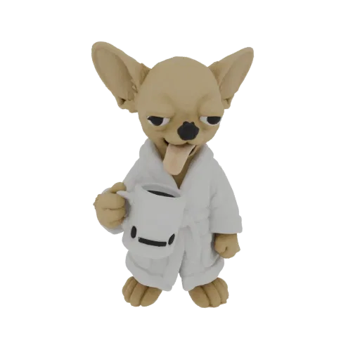 3D модель уставшей собаки чихуахуа в белом халате с кружкой кофе, с высунутым языком.