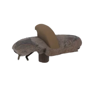 Рендер 3D модели утки-приманки в камуфляже с коричневым плавником на белом фоне.