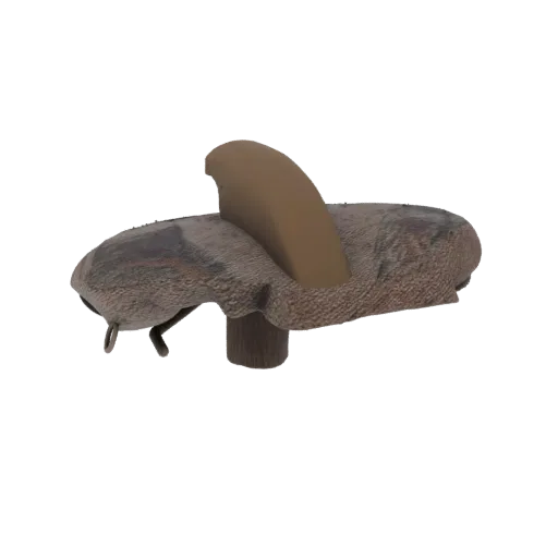 Рендер 3D модели утки-приманки в камуфляже с коричневым плавником на белом фоне.