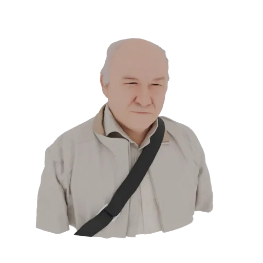 3D модель лысого мужчины в бежевой куртке и с темным плечевым ремнем, с нейтральным выражением лица.