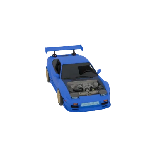 3D модель синего Nissan 240SX (S13) Hatchback 1990 для дрифта, widebody, GT-wing, золотые диски, открытый моторный отсек.