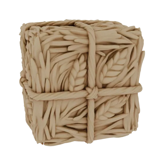 3D модель куба, обернутого веревкой, с вырезанными узорами снопов пшеницы по бокам, в светло-бежевом цвете.