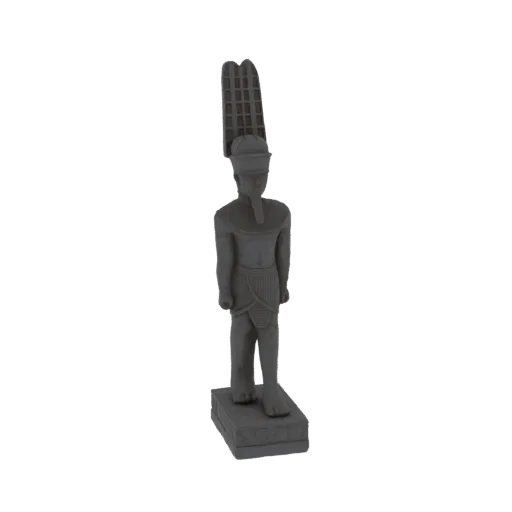 3D модель серой, каменной статуи древнеегипетского фараона в головном уборе немес и юбке, стоящей на основании.