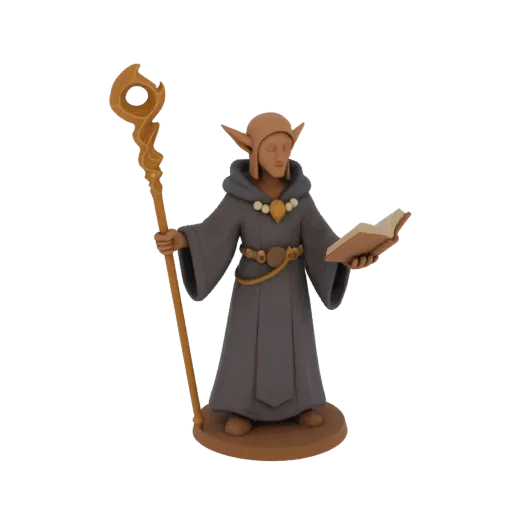 Fantasy Elf Wizard Exploration Миниатюра STL, трехчетвертной настольный рендер, миниатюра заклинателя для печати на смоле с н