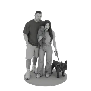 3D модель мужчины и женщины, стоящих вместе, женщина держит кошку, а собака на поводке у их ног.