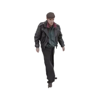 3D модель мужчины в темной кожаной куртке, бирюзовой футболке и темной кепке, в позе ходьбы.