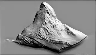 3D модель барельефа горы Маттерхорн, вид спереди, демонстрирующая детализированный рельеф склонов и вершины.