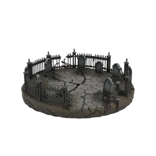 3D модель диорамы готического кладбища с треснувшей землей, потертыми надгробиями и сломанным забором, на круглой основе.