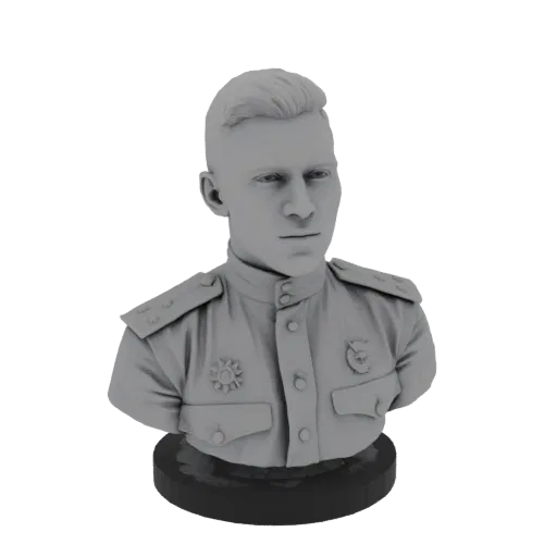 Рендер 3D модели серого бюста советского офицера в форме с медалями и эполетами на черной подставке.
