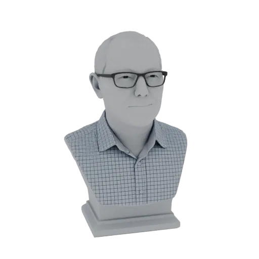 3D модель бюста мужчины в очках и клетчатой рубашке, представленная на белом фоне.
