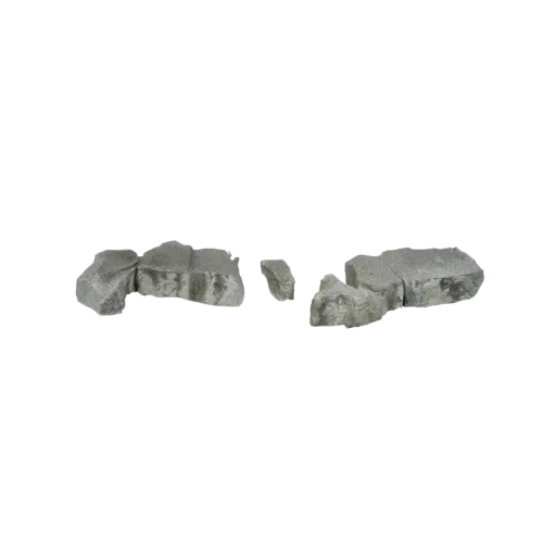 3D модель нескольких сломанных серых камней, разбросанных на белом фоне, с реалистичной текстурой и детализацией.
