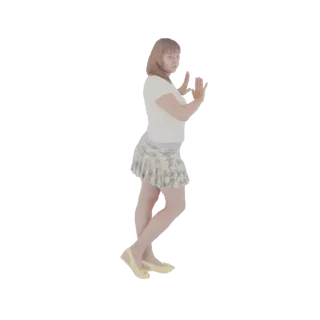 3D модель женщины с каштановыми волосами, в белой футболке и короткой юбке с цветочным принтом, позирует с вытянутыми вперед