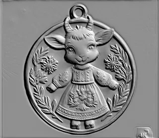 3D модель барельефа с козочкой в народном платье, украшенного снежинками и ветвями