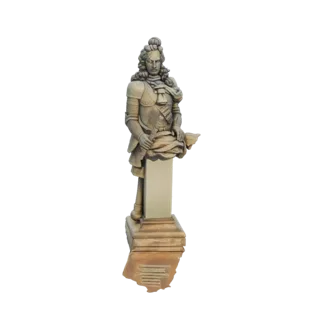 3D модель бюста полководца эпохи барокко в богато украшенных доспехах и парике, на постаменте с надписью.