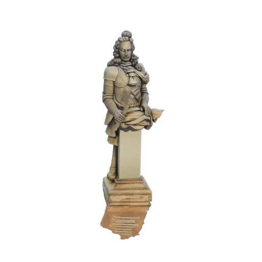 3D модель бюста полководца эпохи барокко в богато украшенных доспехах и парике, на постаменте с надписью.