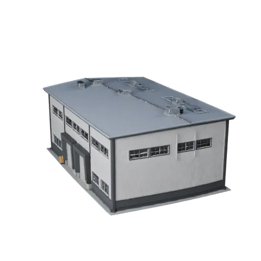 Высокополигональная 3D модель модульного складского комплекта, крупный план архитектурного рендера, показывающий материалы мо