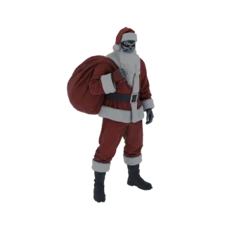 3D model of a horror-themed Santa Claus with a skeletal face, wearing a red suit and carrying a large sack of gifts.