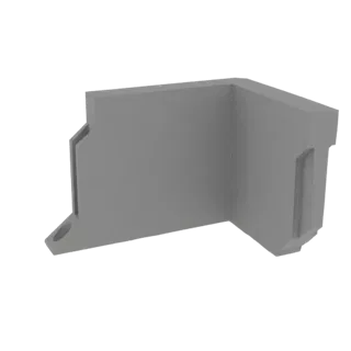 3D-рендер серого углового кронштейна для крепления на DIN-рейку, показывающий его L-образную форму и крепежные элементы.
