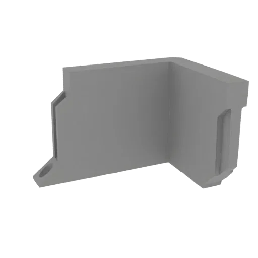 3D-рендер серого углового кронштейна для крепления на DIN-рейку, показывающий его L-образную форму и крепежные элементы.